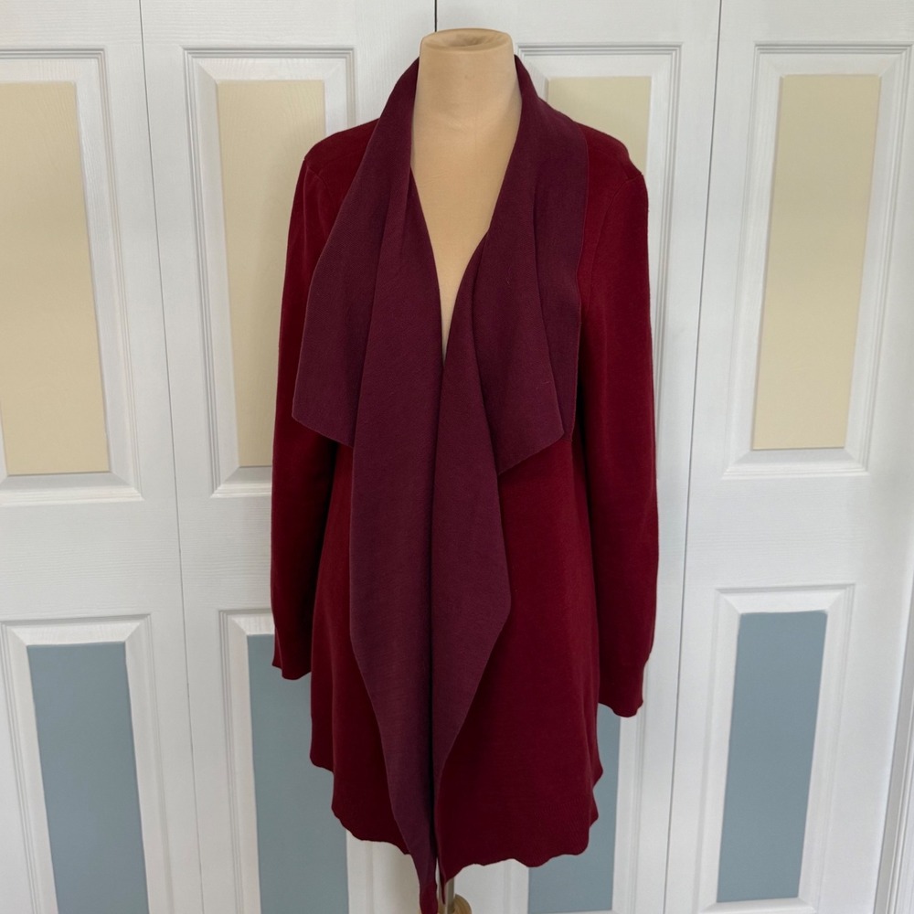Cabi 3479 Women Burgundy Plum Colorblock Drape Front Cardigan Sweater Large